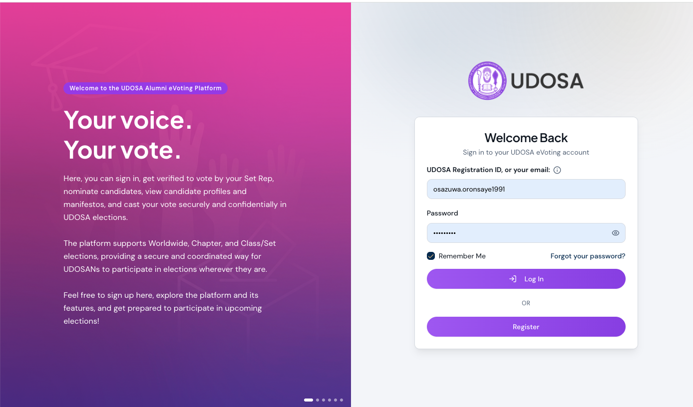The login page with fields for Registration ID and password