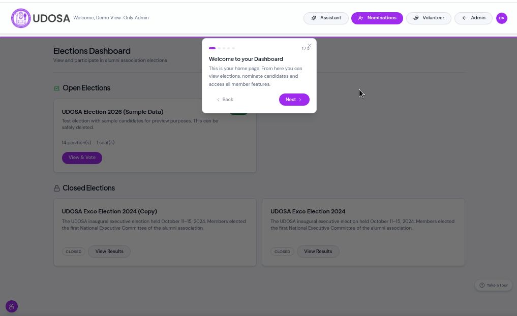 The voter dashboard showing open elections and quick-action buttons
